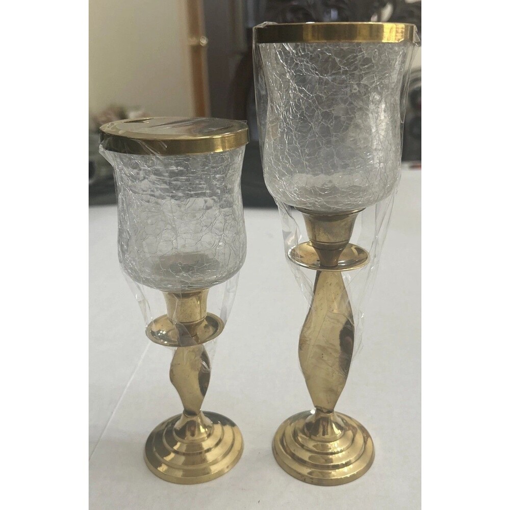 Brass Candlestick Holders Twisted Ribbon Brass Crackle Glass Votives Set Of 2
